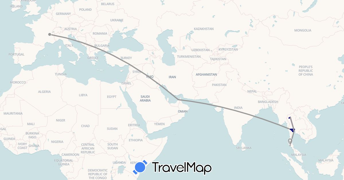 TravelMap itinerary: driving, plane, train in United Arab Emirates, Thailand (Asia)